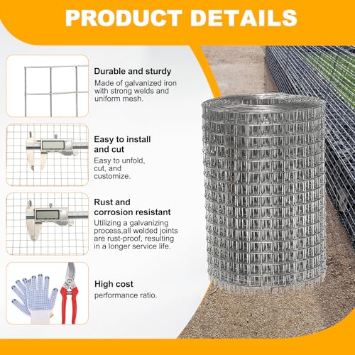 DTGN 16" x 50ft 19GA Hardware Cloth, 1/2" Galvanized Steel Wire Mesh, Chicken Wire Fence, Poultry Animal Netting for Garden Plant Welded, Rabbit Cage, Snake Rat Protection, Gutter Guard - size: 16" x 50ft