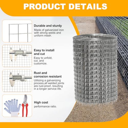 DTGN 8" x 25ft 19GA Hardware Cloth, 1/2" Galvanized Steel Wire Mesh, Chicken Wire Fence, Poultry Animal Netting for Garden Plant Welded, Rabbit Cage, Snake Rat Protection, Gutter Guard - size: 8" x 25ft