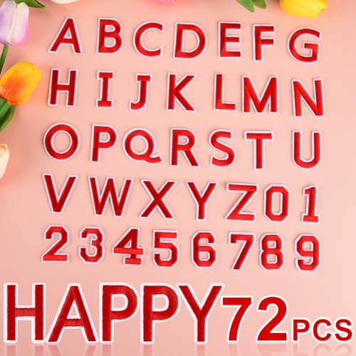ASTARON 72 Pcs Iron on Letters and Numbers Patches, 1.5 Inch Letters A-Z Numbers 0-9 Embroidered Applique Patches Alphabet Cloth Patch for Clothes, Bags, Socks, Jeans, Hat, DIY Accessories(Red) - color: Red
