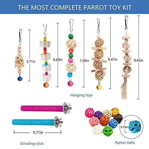 22 Packs Bird Parakeet Cockatiel Toys,Parrot Swing Chewing Hanging Toy with Safe Bells,Bird cage Colorful Climbing Standing Rope Natural Wood Ladder Bungee Toys
