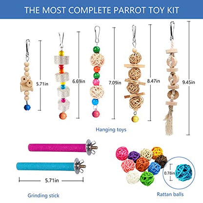 22 Packs Bird Parakeet Cockatiel Toys,Parrot Swing Chewing Hanging Toy with Safe Bells,Bird cage Colorful Climbing Standing Rope Natural Wood Ladder Bungee Toys