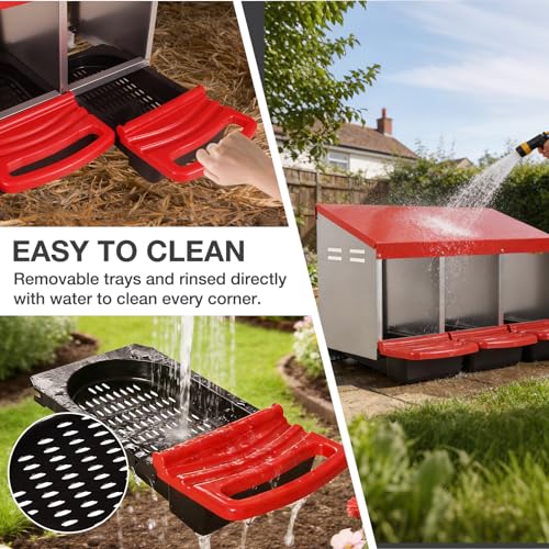Chicken Nesting Boxes, 3 Compartments Egg Collection with Removable Drawer, Chicken Metal Laying Nest Box for Hens, Easy to Assemble, for Chicken Coop, Red - color: Red