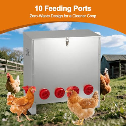 Automatic Chicken Feeder 85-120lbs Capacity, Galvanized Metal Poultry Feeding Equipment, Rainproof & Rodent Proof Large Chicken Food Dispenser for Backyard Coop & Farm Use (10 Ports) - style: 10 Ports(85-120LBS)