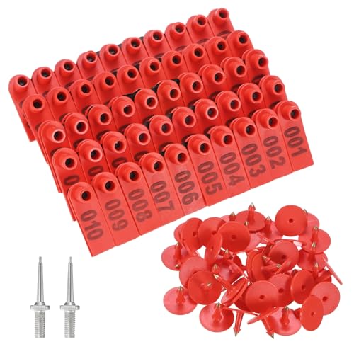 M METERXITY 100-Pack Sheep Ear Tags 001-100 Number, Plastic Livestock Tags with 2 Ear Label Needles for Cows/Sheep/Cattle/Pig, Farm Animal Identification Markers [Red] - color: Red
