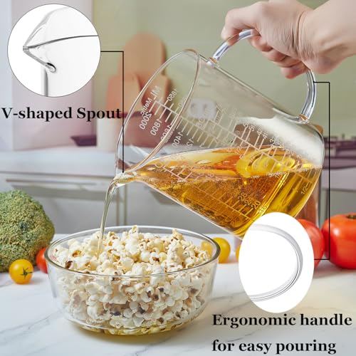 Ackers BORO3.3 Borosilicate Glass Measuring Cup with Insulated Handle, V-Shaped Spout, Clear, 2000ml/64oz Capacity, Etched Graduation, Easy to Read - size: 2000 ML (64 Oz, 8 Cup) - Etched Graduated