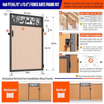 4x6FT (46.78"W X 70.8"H) 201 Stainless Steel Anti Sag Wooden Fence Gate Kit Heavy Duty Garden Gate Frame Hardware Kit Reinforcement (Left/Right Free-Installation) - size: W4xH6 FT-Deer