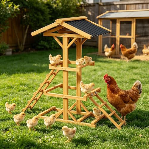 Wooden Chicken Roost Perch with Dual Ladders, Multi-Tier Activity Stand, Waterproof Sun-Resistant Roof Design for Backyard Chicken Coop - color: C02 Brown with Black