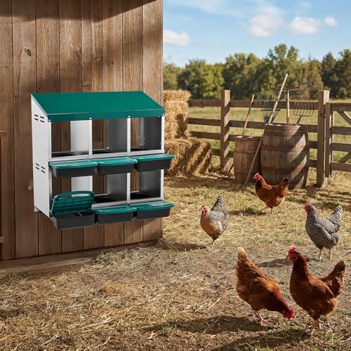 Chicken Nesting Box with 6 Compartments, Automatic Roll-Away Egg Collection, Wall Mount Hen Laying Box with Perch Removable Trays for Easy Cleaning Durable Galvanized Steel Nest Box for Backyard Green
