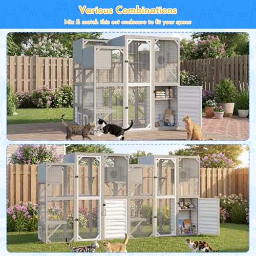 Ketive Catio Outdoor Cat Enclosure Large Walk-in Cat House with Storage Cabinet, Multi-Level Platforms with 2 Cat Trees, Roll-Up Roof for Multiple Cats, Backyard Patio Garden - size: 65.0"L x 29.5"W x 67.1"H
