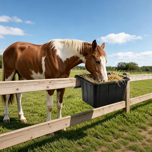 3 Pack 17 Quart Rubber Horse Feed Bucket Heavy Duty Plastic Hay Feeder for Stall Fence Pasture Stable Mountable Cattle Sheep Cow Feeding Pan with Hook for Easy Hanging Black