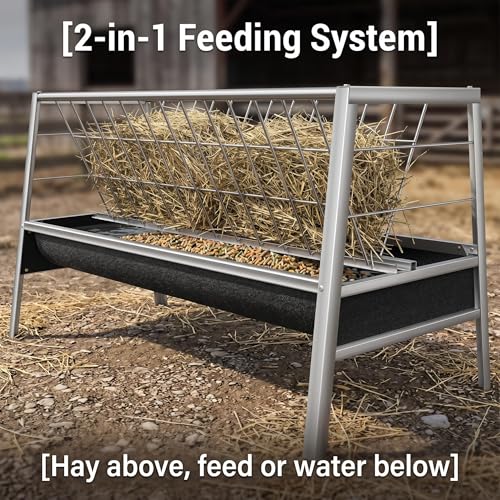 Hay Feeder, 77 Gallon Stainless Steel Goat Feeder for Goats Sheep Calves Horses, Anti-Waste Goat Feeder with Rubber Trough Livestock Feeder