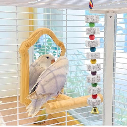 2 Pack Mineral Block Chicken Chewing Toy, KABASI Bird Beak Grinding Calcium Stone with Bells, Chicken Coop Accessories for African Grey, Budgies Cockatiels Parrot Hens Geese Ducks Hamster Rabbit