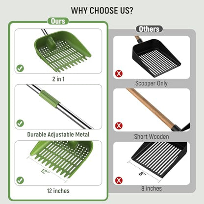 Chicken Poop Scooper, 2-in-1 Coop Scoop & Chicken Coop Rake, Sand Sifting Shovel with Adjustable Stainless Steel Handle, Up to 68 in, No-Bend Cleaning Tool - Patent-Pending