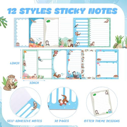 Dispowreath 24 Pcs Otter Sticky Notes with Pens Themed Gifts Self Adhesive Notepad Cute Memo Notes Pads Black Ink Ballpoint Pen for Otter Lover Gifts Office School Students Teacher Supplies - style: Otter
