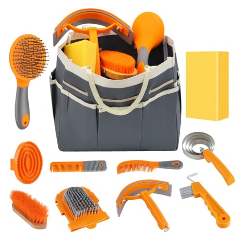 Professional Horse Brush Kit with Storage Tote, 12-Piece Grooming Set for Daily Stable Care, Includes Curry Comb, Hoof Pick & Mane Brush - color: Grey