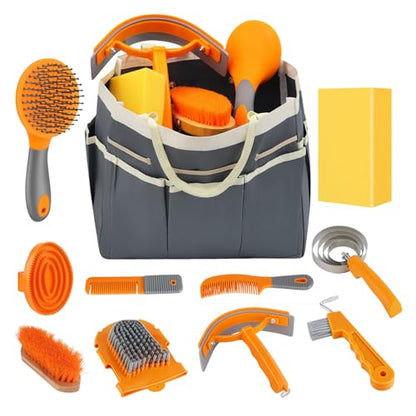 Professional Horse Brush Kit with Storage Tote, 12-Piece Grooming Set for Daily Stable Care, Includes Curry Comb, Hoof Pick & Mane Brush - color: Grey