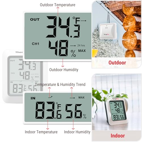 TempPro TP60 Wireless Indoor Outdoor Thermometer Hygrometer with Large LCD Display, No Hub or App Required, 500ft Wireless Range for Home Greenhouse Garage RV (Previously ThermoPro) - style: 500ft