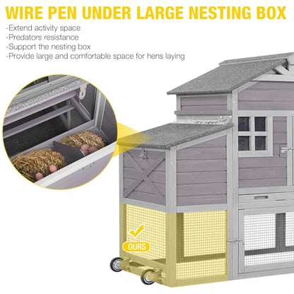 Aivituvin Chicken Coop Mobile Chicken House on Wheels, Rabbit Hutch Bunny Cage Expandable Wooden Poultry Cage with Large Nesting Box Leakproof Pull-Out Tray,UV-Resistant Roof (Grey) - color: Grey, size: AIR32