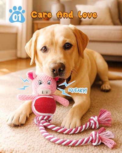 Swooflia Durable Squeaky Dog Toy - Interactive Plush Cute Pig with Rope Legs, Teeth Cleaning Tug Toy for Small Medium and Large Dogs, Puppy Chew Toy for Training and Play - color: Pink