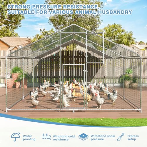 Polar Aurora Metal Chicken Coop, Large Outdoor Chicken Pen, Walk-in Chicken Run for 6-20 Chickens, Double Door Chicken House with Waterproof UV Protection Cover for Backyard (Spire-L) - size: 236.0"L x 118.0"W x 76.8"H