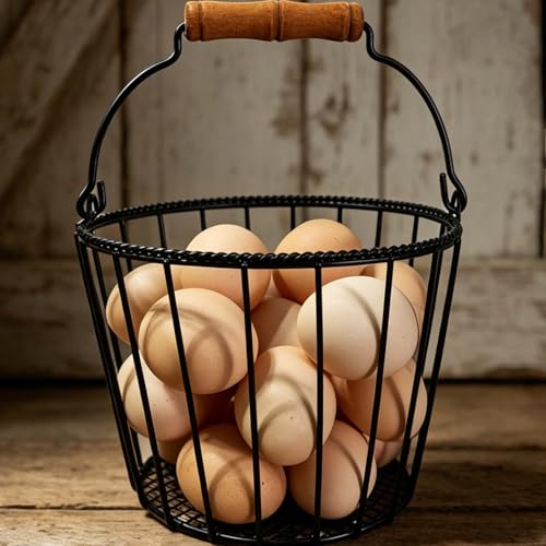 Wire Egg Basket, Black, Wooden Handle | Farmhouse Rustic, Egg Collecting, Kitchen Countertop, Chicken Coop, Easter Egg Hunt