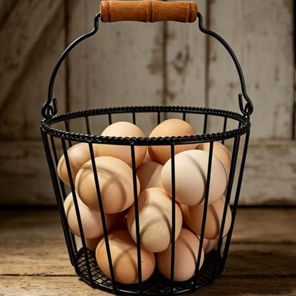 Wire Egg Basket, Black, Wooden Handle | Farmhouse Rustic, Egg Collecting, Kitchen Countertop, Chicken Coop, Easter Egg Hunt