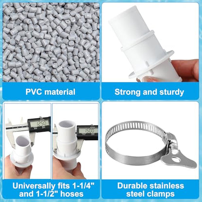 Pool Hose Adapter Pump Hose Connector 1.25 to 1.5 inch Plastic Pool Vacuum Hoses Adapter with 2Pcs Stainless Steel Clamps for Swimming Pools Vacuum Cleaners Filter Pump Hoses, 2 Pack