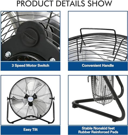 BILT HARD 4650 CFM 20" High Velocity Floor Fan, 3-Speed Heavy Duty Metal Fan with Wall-Mounting System, Industrial Shop Fan for Commercial, Garage, and Greenhouse - size: 20 inch