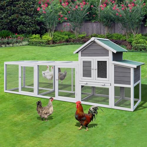 122" Large Chicken Coop with Nesting Box and Run, Outdoor Wooden Poultry Cage with Waterproof Asphalt Roof, Pull-Out Tray, and Ramp, Hen House for 3–6 Chickens, Grey - color: Grey