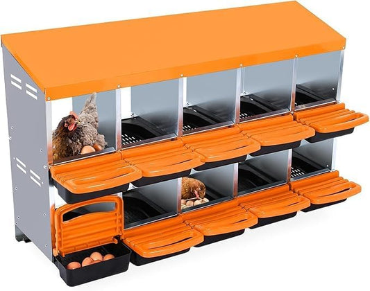 [10-Pack] Chicken Nesting Boxes for Hens - Galvanized Steel Wall Mount or Freestanding Chicken Nest, Removable Plastic Egg Tray & Ventilation Holes - Poultry Nesting Boxes for Egg Laying (Orange) - color: Orange, size: 10 holes