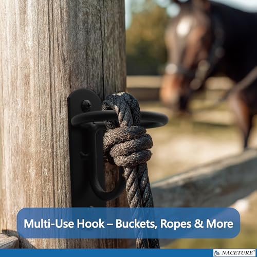 NACETURE Bucket Hooks for Horse Stalls – Anti-Tip Design Feed & Water Bucket Holders, Heavy Duty Stable Barn Fence Accessories – Black Metal Hangers for Horses