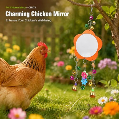 Pet Chicken Mirror Toy with Bells, 5.3 Inch Mirror, 18.9 Inch Chain - Durable, Broken, Stimulates Play and Communication for Pets