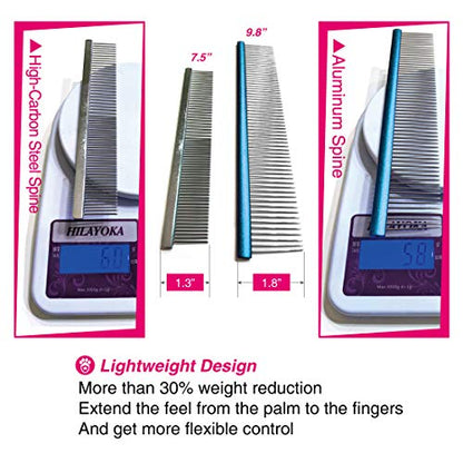 Greyhound Oval Grooming Comb – Aluminum handle, Stainless Steel Teeth Comb for Long-Haired Dogs & Cats, Removes Mats, Tangles, and Loose Fur – Lightweight for Deshedding (Silver/Blue, 9.8") - size: 9.8"