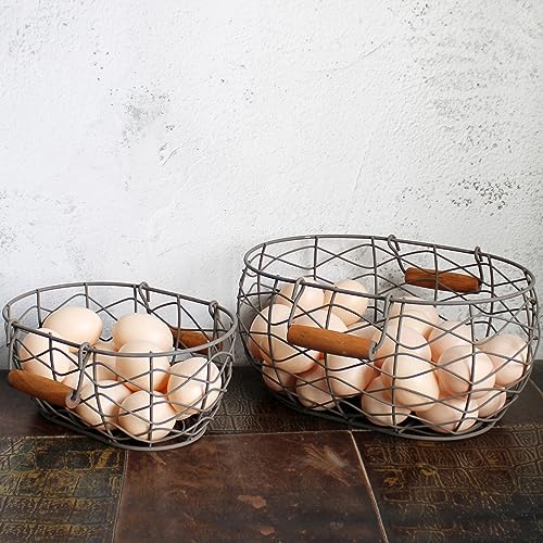CVHOMEDECO. Oval Wire Egg Baskets Rustic Fruit Baskets with Wooden Handles Primitives Vintage Gathering Basket. Rusty, Set of 2