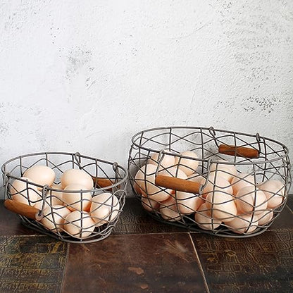 CVHOMEDECO. Oval Wire Egg Baskets Rustic Fruit Baskets with Wooden Handles Primitives Vintage Gathering Basket. Rusty, Set of 2