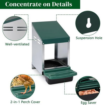 Chicken Nesting Box, Single Compartment Wall Mount Brooder Box with Pull-Out Cleanable Tray, Perch & Easy Egg Collection, 1-Hole Hen Roosting Nest, Green