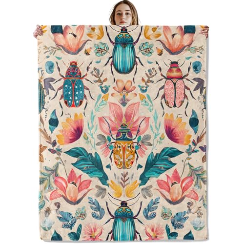 Colorful Beetles and Flowers Blanket, Soft Cozy Lightweight Artistic Floral Insect Throw Blanket for Girls Women Adults, Sofa Couch Bed 40x50 Inch Flannel Boho Blankets for Travel Decor Gifts - color: Beetle46, size: 40×50 Inch