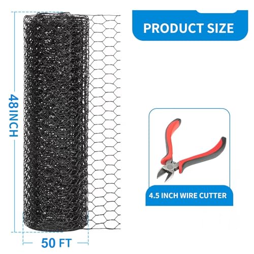 48'' x 50' Black Chicken Wire Mesh Fence, 15 Gauge Poultry Netting and 2 inch Mesh Fence Roll, Chicken Wire for Floral Arrangements/Crafts/Farm/Livestock/Pet Protection