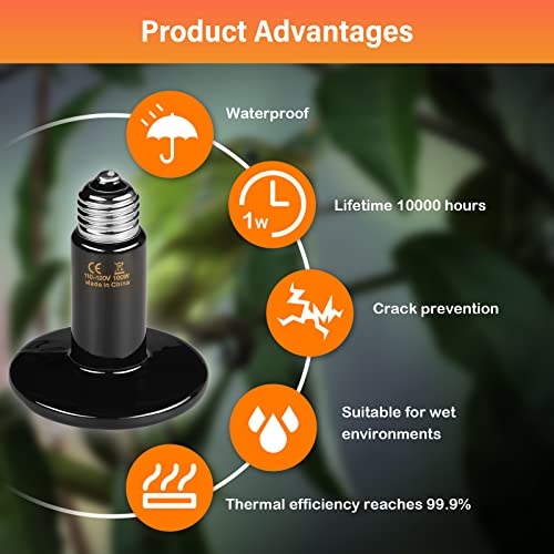 HealSmart Reptile Heat Lamp 100W 4-Pack Ceramic Heat Emitter, No Light Emitting Infrared Heat Bulbs for Amphibian Pet Brooder Coop Incubating Chicken, Lizard Bearded Dragon Turtle Snake Terrarium - size: 100 Watts (Pack of 2), style: D-85mm (3.35") *2 Pcs