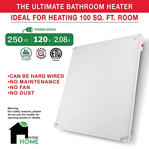 EconoHome Wall Mount Space Heater Panel - 250 Watt Splashproof Convection Heater with Thermostat - Ideal for 100 Sq Ft Room or Bathroom - 120V Electric Heater