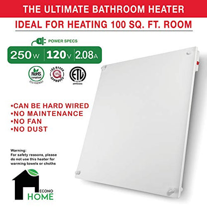 EconoHome Wall Mount Space Heater Panel - 250 Watt Splashproof Convection Heater with Thermostat - Ideal for 100 Sq Ft Room or Bathroom - 120V Electric Heater