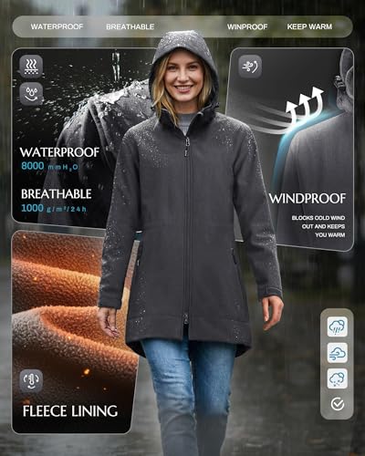 Outdoor Ventures Women's Softshell Jacket with Removable Hood Fleece Lined Windbreaker Insulated Long Warm Rain Jacket - color: Dark Grey Heather, size: XX-Large