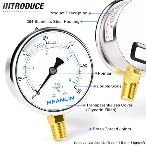 MEANLIN MEASURE 0~60Psi Stainless Steel 1/4" NPT 2.5" FACE DIAL Liquid Filled Pressure Gauge, Pool Sand Filter Pressure Test Lower Mount(Pack of 2) with 1/2" NPT and 3/8" NPT Hex Bushing - size: 0-60Psi (2Pcs)