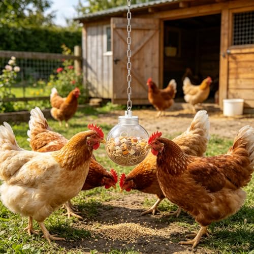 2pcs Chicken Treat Dispenser Toy,Interactive Slow Feeder Hanging Ball with Chain,Chicken Pecking Foraging Enrichment Toy, Coop Accessories for Hens Poultry Duck Birds Parrots (1)