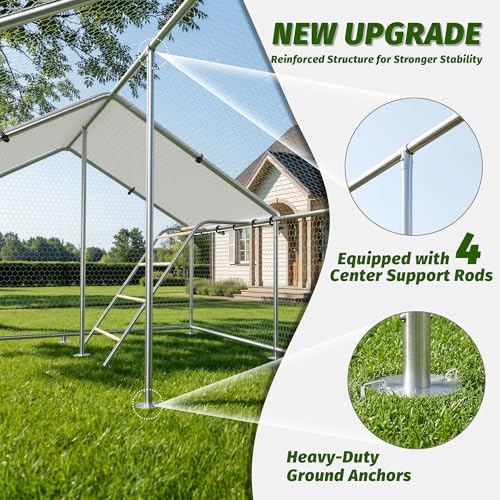 Large Metal Chicken Coop with Roosting Perch, Waterproof and UV Protection Cover, Chicken Run Outdoor Walk-in Cage Chicken Rabbit Duck Hen House for Yard Farm Use Spire Roof (10’ W x 26.2’ L x 6.4’ H) - size: 26x10Ft - Spire