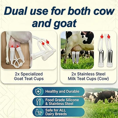2 in1 Cow and Goat Milking Machine, 10L Pulsation Milker, with Food-Grade Silicone Hose, Stainless Steel Bucket, for Small Scale Farming & Home Dairy Use, Ranch