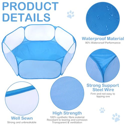 VitalCozy Hamster Playpen with Mat Small Animal Cage Tent Breathable Transparent Guinea Pig Playpen Waterproof Portable Yard Fence Mat Foldable Exercise Playpen Outdoor Indoor (Blue,Star) - color: Blue