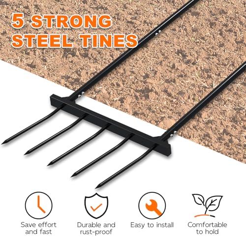 Broad Fork Garden Tool, broadfork Ergonomic Design - for Farms, Gardens, Vegetable plots, for Easy Turning of the Soil, Removal of Weeds, 5 Wide Fork Hand Cultivator Black