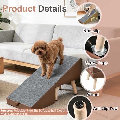 Split Ottoman Dogs Ramp, Dog Ramp for Couch and Bed, Dog Stairs for Small Dogs and Cats, 2-in-1 Foldable Wooden Pet Stairs and Ottoman,Non-Slip Fabric Surface Ramp for Couch and Bed Brown - color: Brown