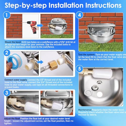 Metal Automatic Chicken Waterer with Float Valve, Stainless Steel Duck Waterer No Mess Outdoor Wall Mounted Chicken Water Dispenser with Hose and Drain Plug for Chicken Coop